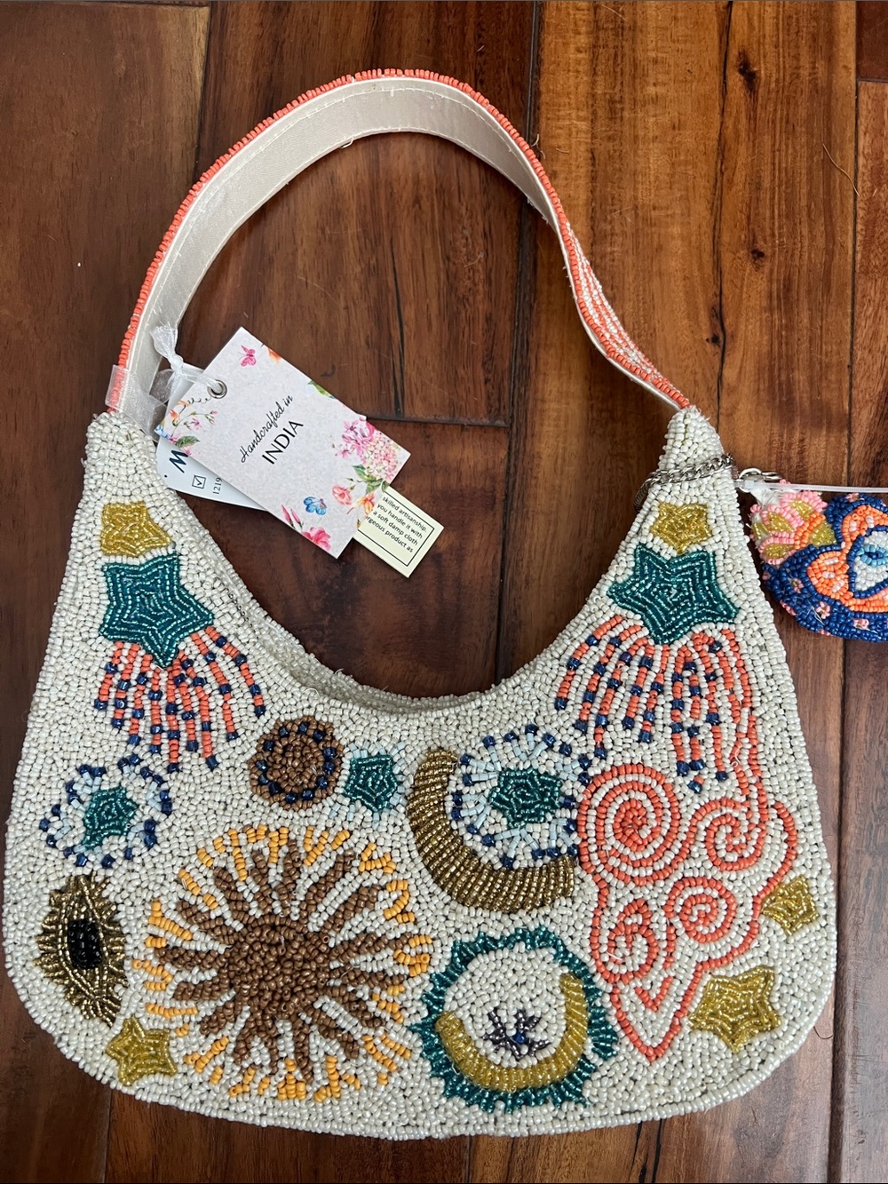 Beaded Embroidered Crescent Shoulder Bag - Coral & Cream